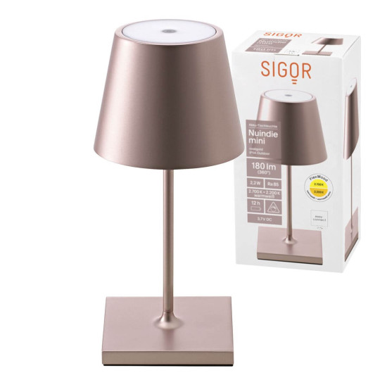 SIGOR 4548101 Akku-Tischleuchte Nuindie mini 25cm rosegold 2,2W FlexMood USB-C 2200K/2700K IP54 Ra85 dimmbar