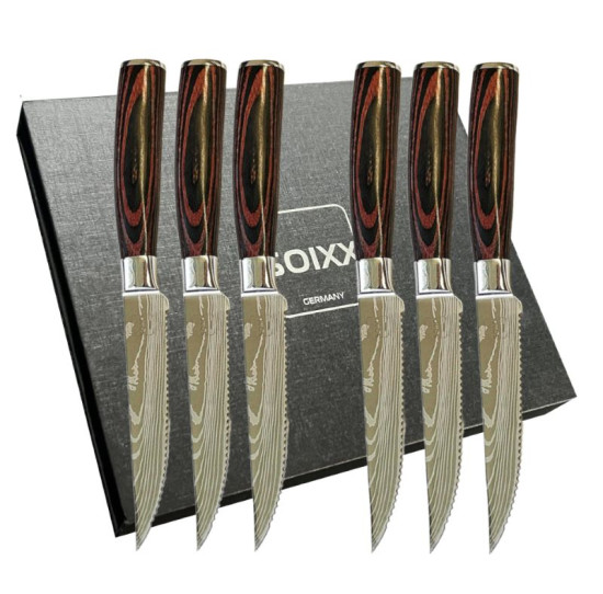 SOIXX Steakmesser 6-teilig Set,  Edelstahl, Gezackte Klinge, Holzgriff, Geschenkbox