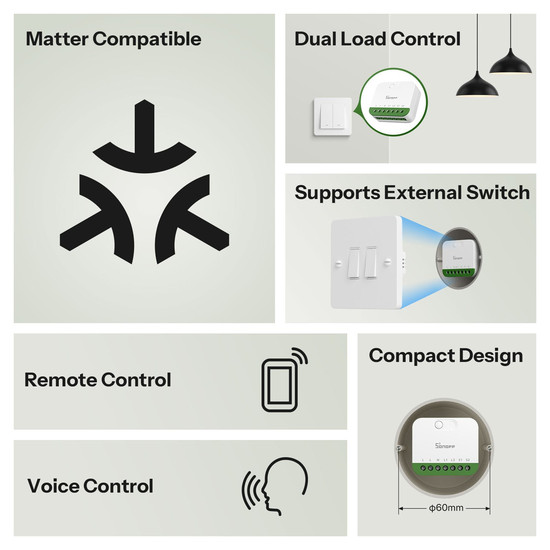 SONOFF MINI DUO 2-Gang Matter über WiFi Smart Switch, Lichtschalter Relais, 2-Fach, Unterputz, HomeKit Alexa & Google App MINI-2GS