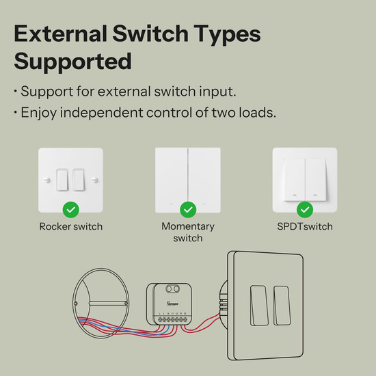 SONOFF MINI DUO 2-Gang Matter über WiFi Smart Switch, Lichtschalter Relais, 2-Fach, Unterputz, HomeKit Alexa & Google App MINI-2GS
