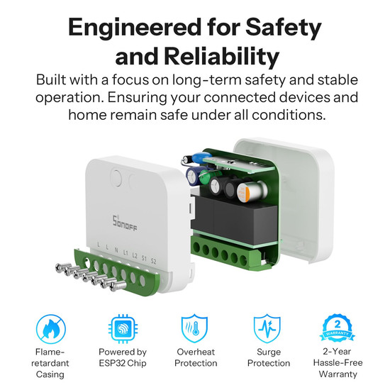 SONOFF MINI DUO 2-Gang Matter über WiFi Smart Switch, Lichtschalter Relais, 2-Fach, Unterputz, HomeKit Alexa & Google App MINI-2GS