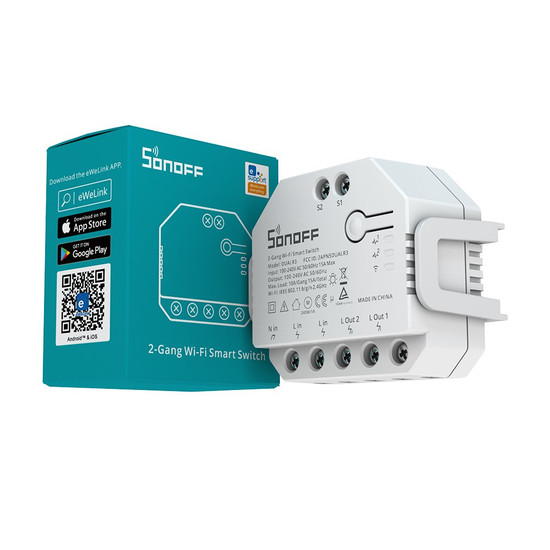 SONOFF DUALR3 2-Gang Smart Switch, Lichtschalter Relais, 2-Fach, Unterputz, Alexa & Google Home App DUALR3
