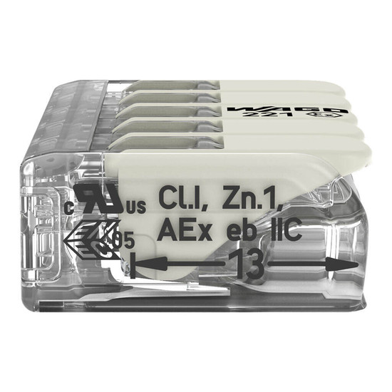 WAGO 221-685 15x Verbindungsklemme mit Hebeln, 5 Leiter, 6mm², Ex e, lichtgrau