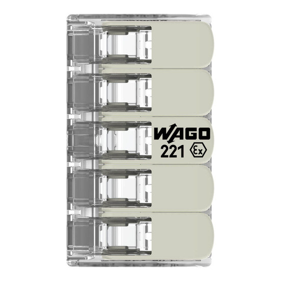 WAGO 221-685 15x Verbindungsklemme mit Hebeln, 5 Leiter, 6mm², Ex e, lichtgrau
