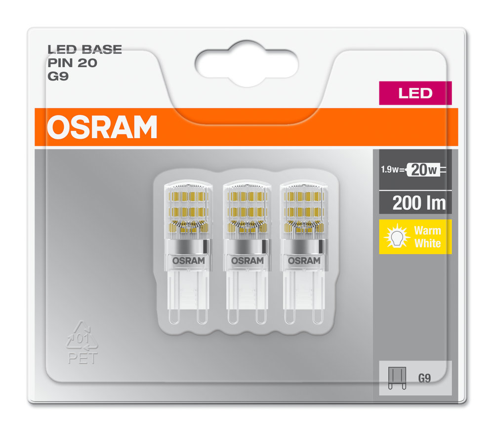 3er Osram 4058075093874 LED Lampe BASE PIN G9 1.9W warmweiss G9 CL wie