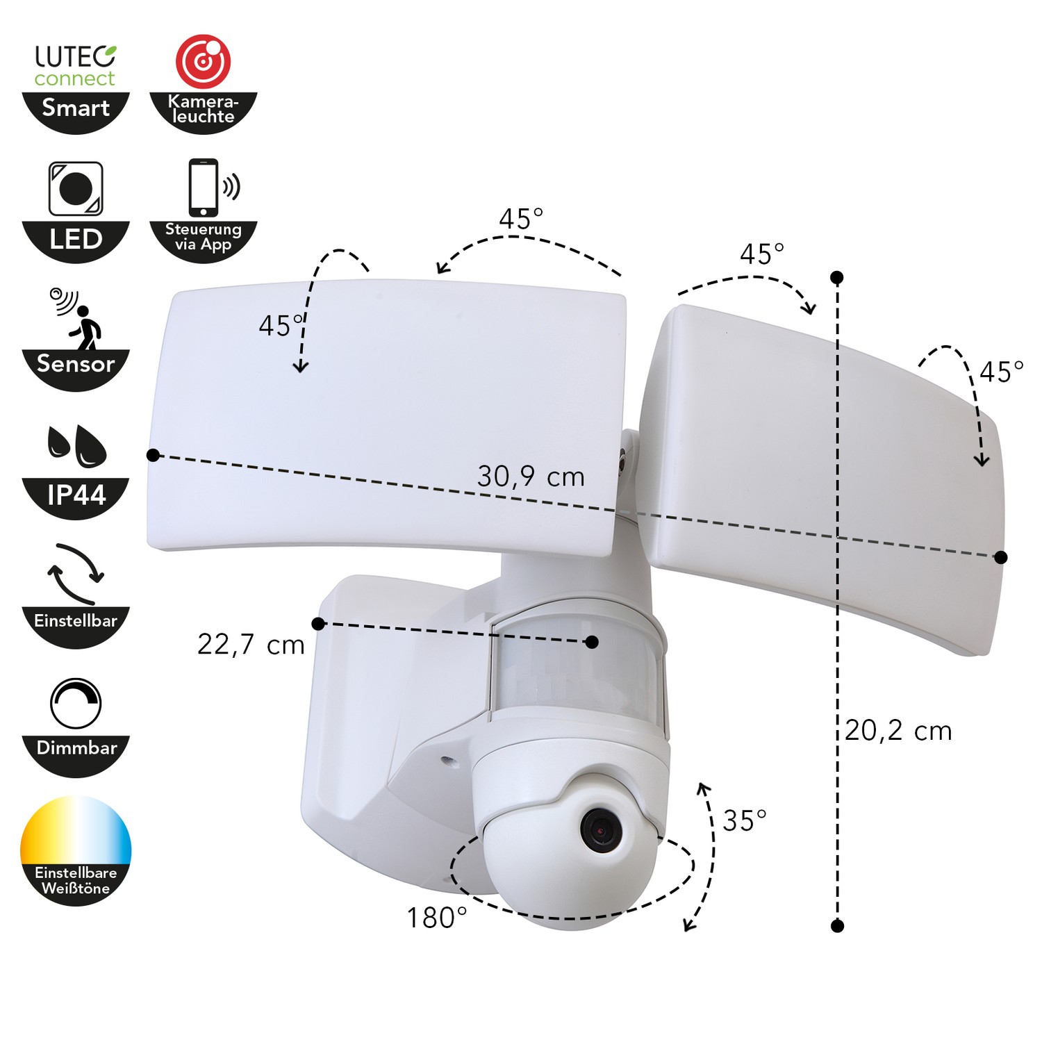 LUTEC Libra Lichtfarbe Steuerbare 2fach 36W Weiss Kameraleuchte dimmbar LED IP44