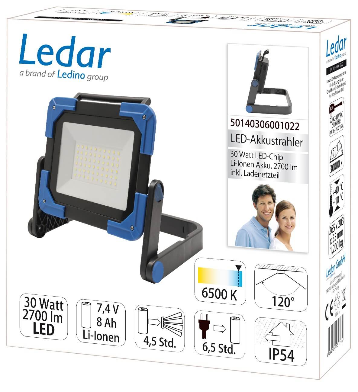 Ledar LED-Akkustrahler 30W mobile Beleuchtung 3000lm, Li-Ionen-Akku  7,4V/8Ah für Bau, Renovierung,