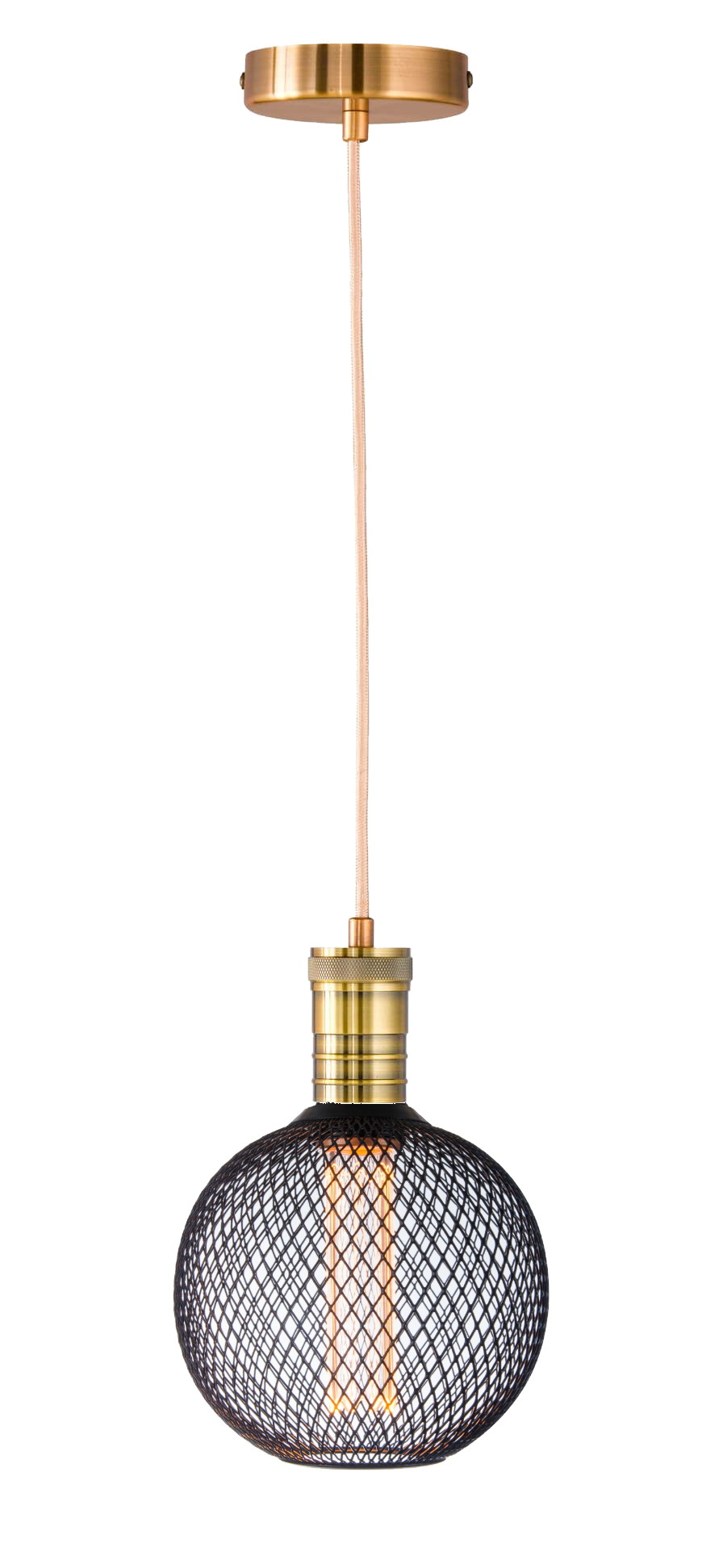 WOFI Pendelleuchte Nala E27 Messing gefärbt + Bioledex LIMA LED Lampe E27  G125 4W amber metallgitter