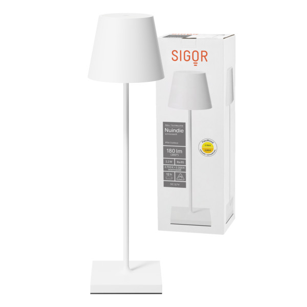 SIGOR Akku-Tischleuchte Nuindie 38cm schneeweiß rund USB-C 2,2W FlexMood 2200K/2700K IP54 Ra85 dimmbar