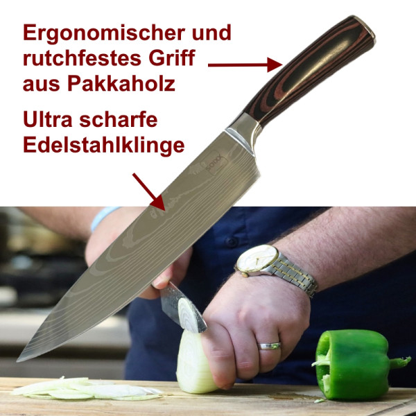 SOIXX Chefmesser Kochmesser, Edelstahl, sehr scharfe Klinge, Holzgriff, Geschenkbox