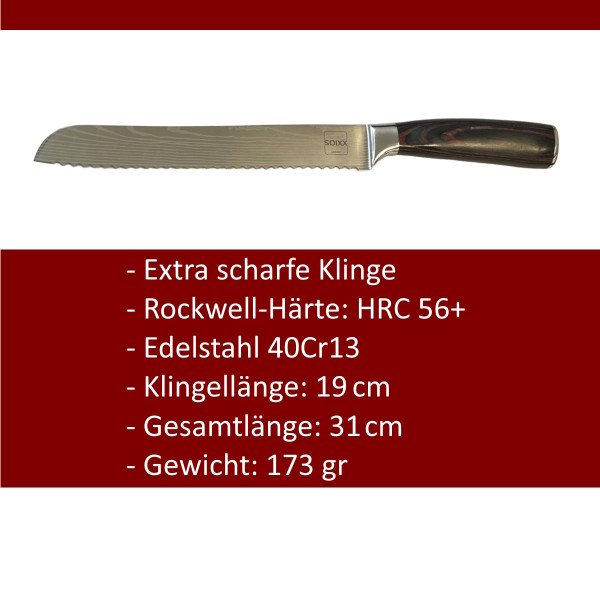 SOIXX Brotmesser, Edelstahl, Wellenschliff, extra scharfe Klinge, Holzgriff, Geschenkbox