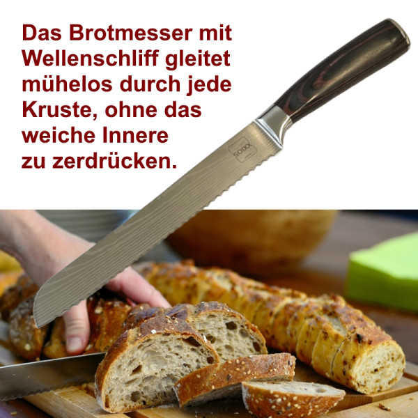 SOIXX Brotmesser, Edelstahl, Wellenschliff, extra scharfe Klinge, Holzgriff, Geschenkbox