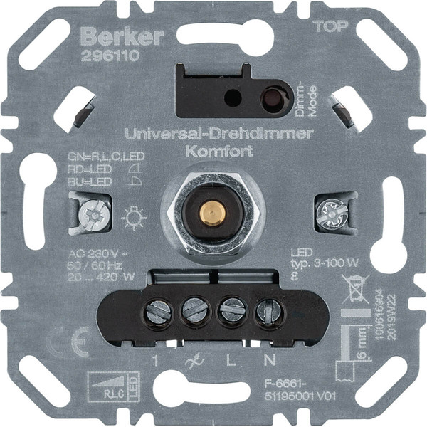Berker 296110 Universal-Drehdimmer Komfort (R. L. C. LED). Softrastung. Lichtsteuerung