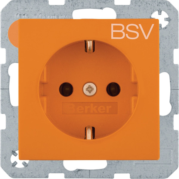 Berker 47238917 Steckdose Schuko. Aufdruck BSV. erh. Berührungsschutz. S.1/B.3/B.7 glänz. orange