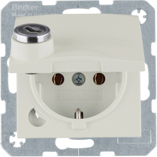 Berker 47638982 Schuko Steckdose m. Steckklemme.Klappd..Schloss. S.1.weiß glänzend