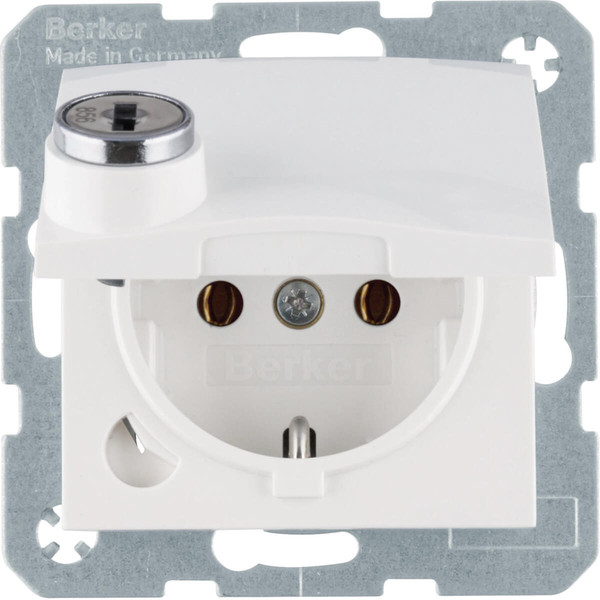 Berker 47638989 Schuko Steckdose m. Steckklemme.Klappd..Schloss. S.1.polarweiß glänzend