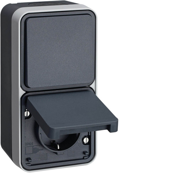 Berker 47803525 Kombination Wechselschalter/Steckdose Schuko mit Klappdeckel AP. W.1. grau