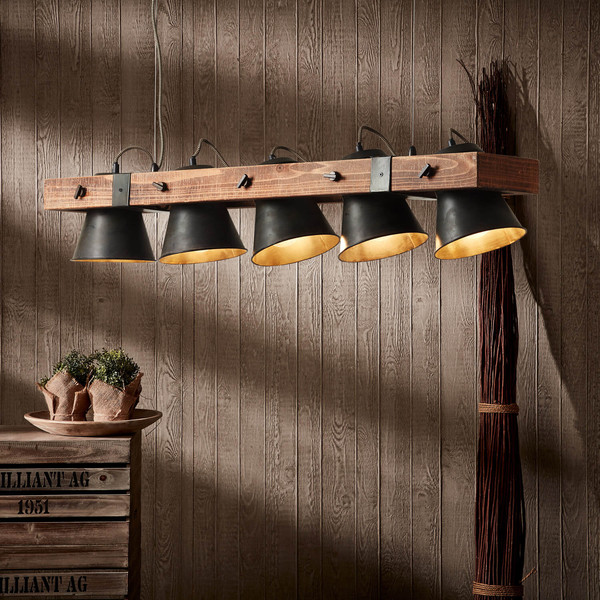 Brilliant Plow Pendelleuchte, 5-flammig E27 Schwarz Stahl Holz FSC® 82175/46