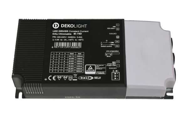 Deko-Light Netzgerät, BASIC, DIM, Multi CC, IE-75D, dimmbar DALI-Bus nach IEC 62386 DALI 2.0 / Intelli-Push, 26-75W 862194