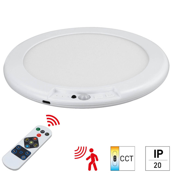 e2 LED Akku-Leuchte BL1 3W CCT warm-/neutral-/tageslichtweiss 3000K/4000K/6500K Bewegungsmelder Fernbedienung Akku Weiß Ø19cm