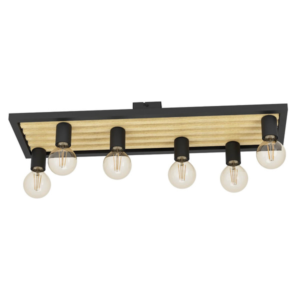 Eglo Deckenleuchte Consett 6-flammig E27 Schwarz Braun Stahl Holz 78x25cm 43724