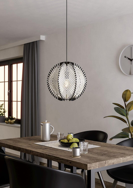 Eglo Pendelleuchte Waverton E27 Schwarz Weiss Stahl Textil Holz Ø40cm 44005