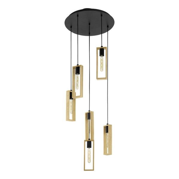 Eglo Pendelleuchte Littleton 6-flammig E27 Schwarz Braun Stahl Holz Ø50cm 44054