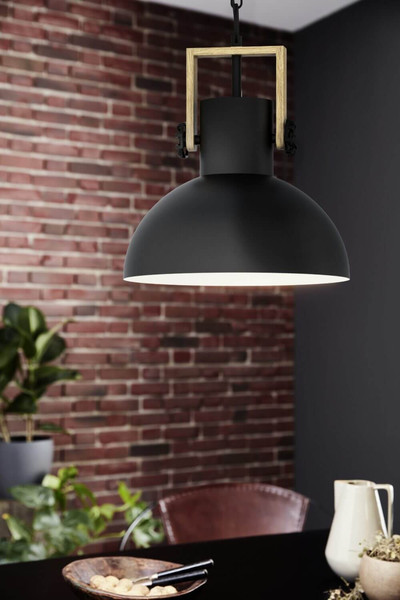 Eglo Pendelleuchte Lubenham E27 Schwarz Braun Stahl Holz Ø30cm 44056