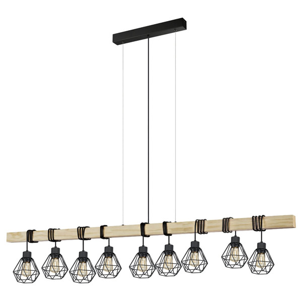 Eglo Pendelleuchte Townshend 5 9-flammig E27 Schwarz Braun Stahl Holz 150x20cm 44077