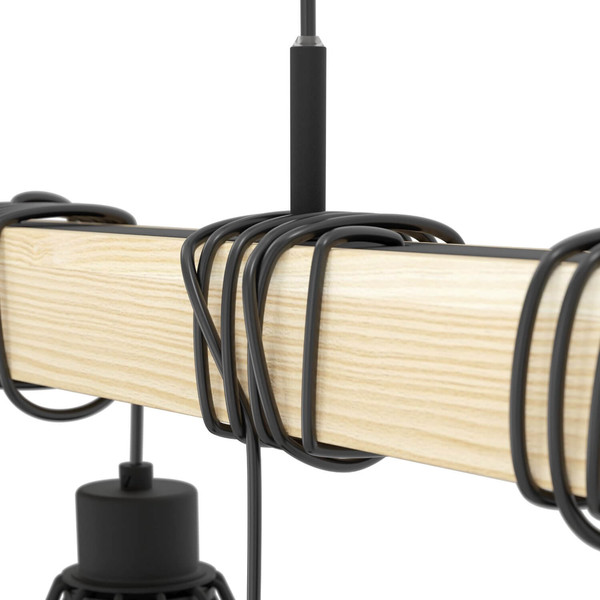 Eglo Pendelleuchte Townshend 5 9-flammig E27 Schwarz Braun Stahl Holz 150x20cm 44077
