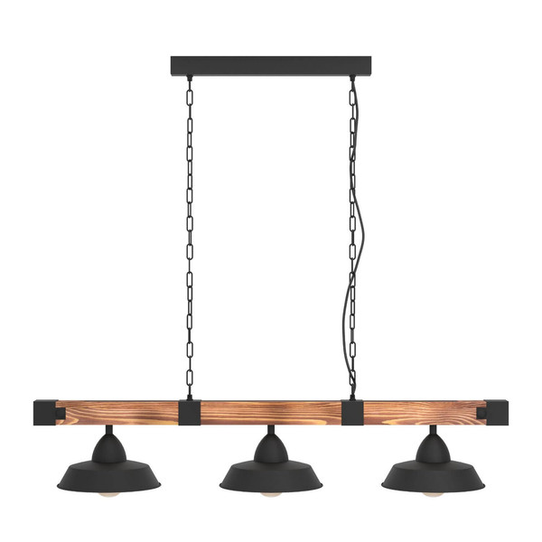 Eglo Pendelleuchte Oldbury 3-flammig E27 Schwarz Braun rustikal Stahl Holz 118x26cm 44086