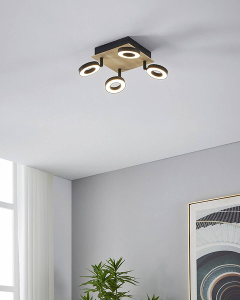 Eglo LED Deckenstrahler Rielves 4-flammig 4x 4,2W warmweiss 3000K Braun Schwarz Holz Stahl 17,5x17cm 901205