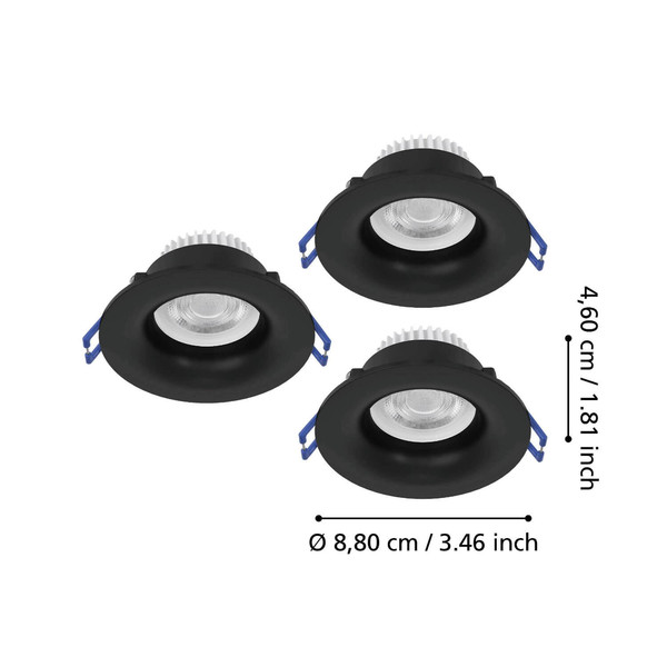 Eglo LED Einbauspot Salabate 3-flammig 3x 5W CCT warm-/neutral-/tageslichtweiss 2700/4000/6500K IP65 Schwarz Aluminium Ø9cm 902274