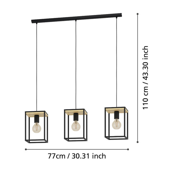 Eglo Pendelleuchte Libertad 3-flammig E27 Schwarz Braun Stahl Holz 88x18cm 99855
