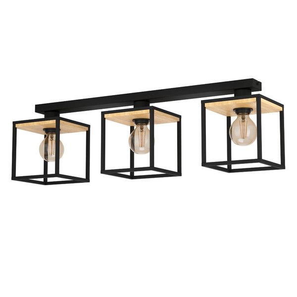 Eglo Deckenleuchte Libertad 3-flammig E27 Schwarz Braun Stahl Holz 86x24cm 99856