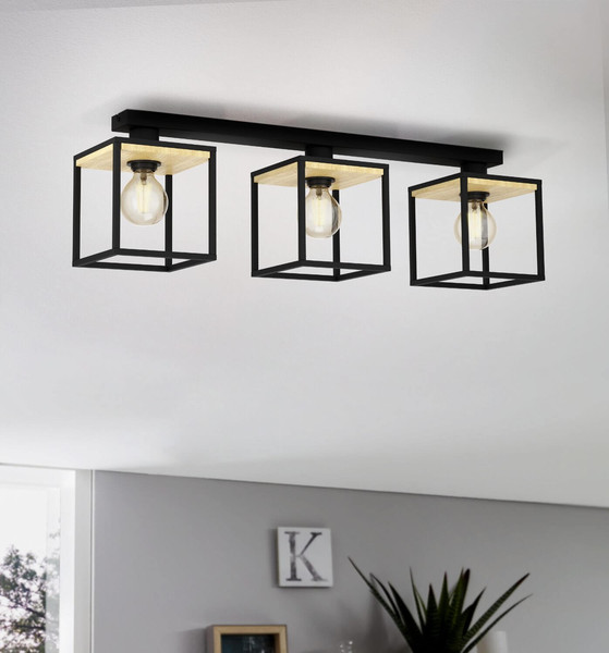 Eglo Deckenleuchte Libertad 3-flammig E27 Schwarz Braun Stahl Holz 86x24cm 99856