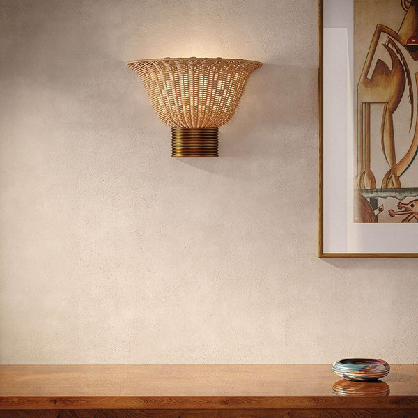 Elstead Kai Wandleuchte 2-flammig E14 Gold gebürstet Alu Rattan 25cm