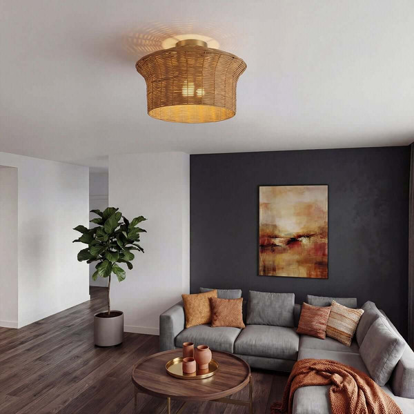 Elstead Kai Deckenleuchte E27 Gold gebürstet Stahl Rattan Ø41cm