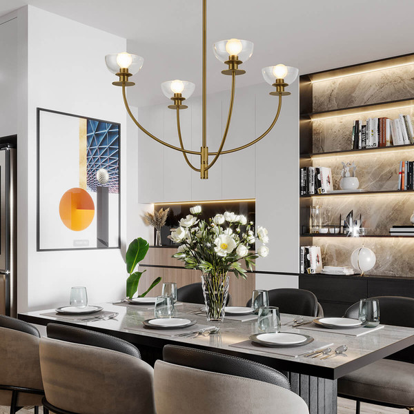 Elstead Sylvia Kronleuchter E14 4-fach Gebürstete Goldoptik Glas klar