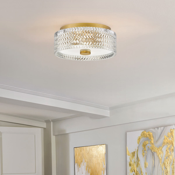 Elstead Elle Deckenleuchte E27 2-fach Heritage Messing Glas geätzt mit Chevron Muster