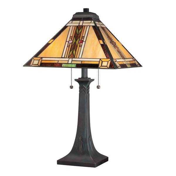 Elstead Navajo Tischlampe E27 2-fach Bronze und Kunstglas-Schirm Tiffanyglas