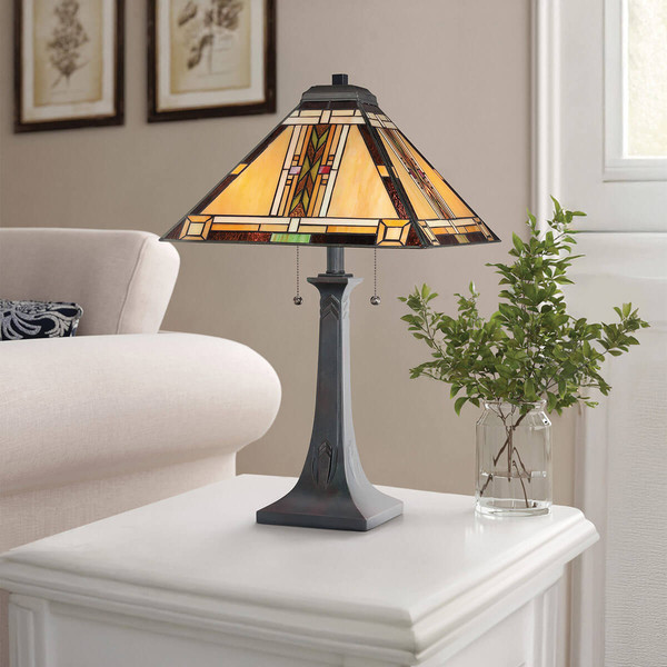 Elstead Navajo Tischlampe E27 2-fach Bronze und Kunstglas-Schirm Tiffanyglas