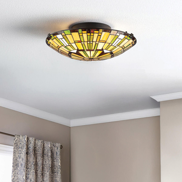 Elstead Reed Deckenleuchte E27 2-fach Valiant Bronze und Kunstglas-Schirm Kunstglas