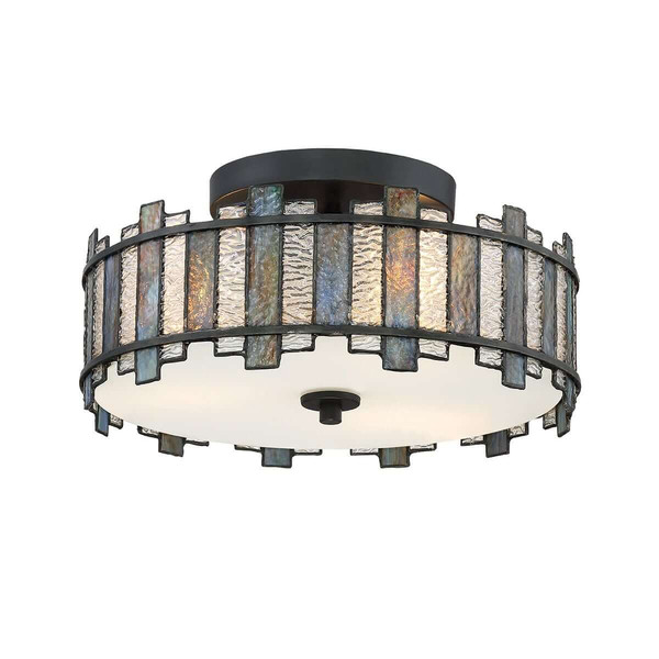 Elstead Sentry Deckenleuchte 2-flammig E27 Schwarz Stahl Tiffanyglas Ø36cm