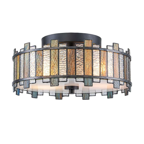 Elstead Sentry Deckenleuchte 2-flammig E27 Schwarz Stahl Tiffanyglas Ø36cm