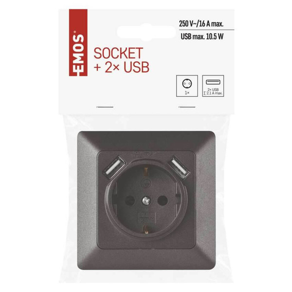 Emos Steckdose mit USB 2,1A 16A Anthrazit A6000.3