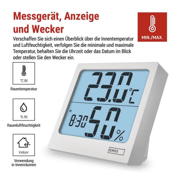 Emos Digitales Thermometer mit Hygrometer und Wecker E0114N