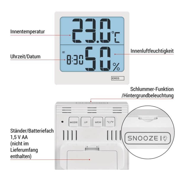 Emos Digitales Thermometer mit Hygrometer und Wecker E0114N