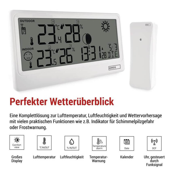 Emos Wetterstation ohne Netzteil Funkuhr Wandhalterung bis 80m E0531