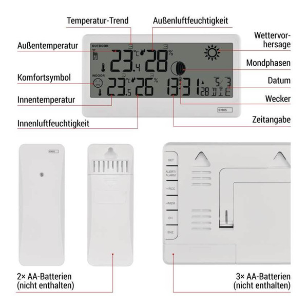 Emos Wetterstation ohne Netzteil Funkuhr Wandhalterung bis 80m E0531